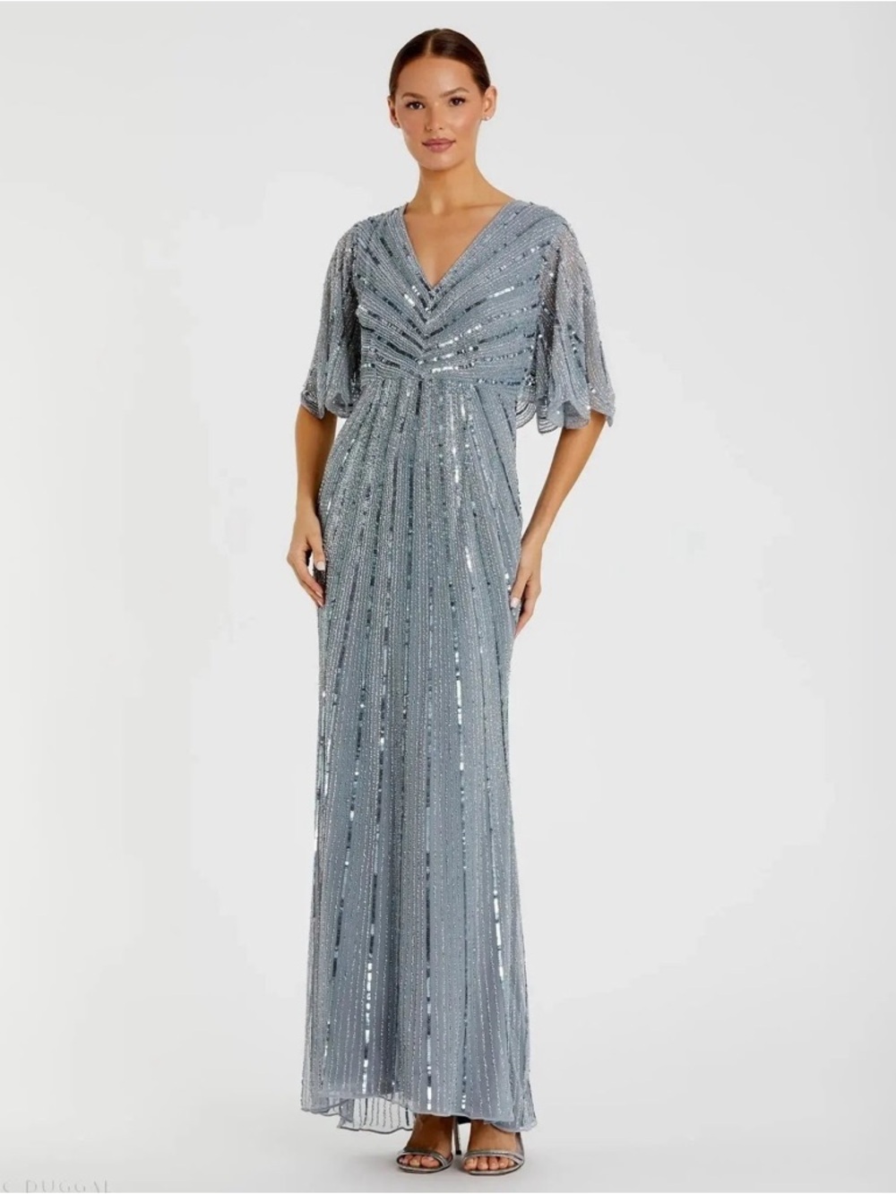 Mac Duggal 93583 Blue Sequined V Neck Cape Sleeve Gown Size 20 NWT